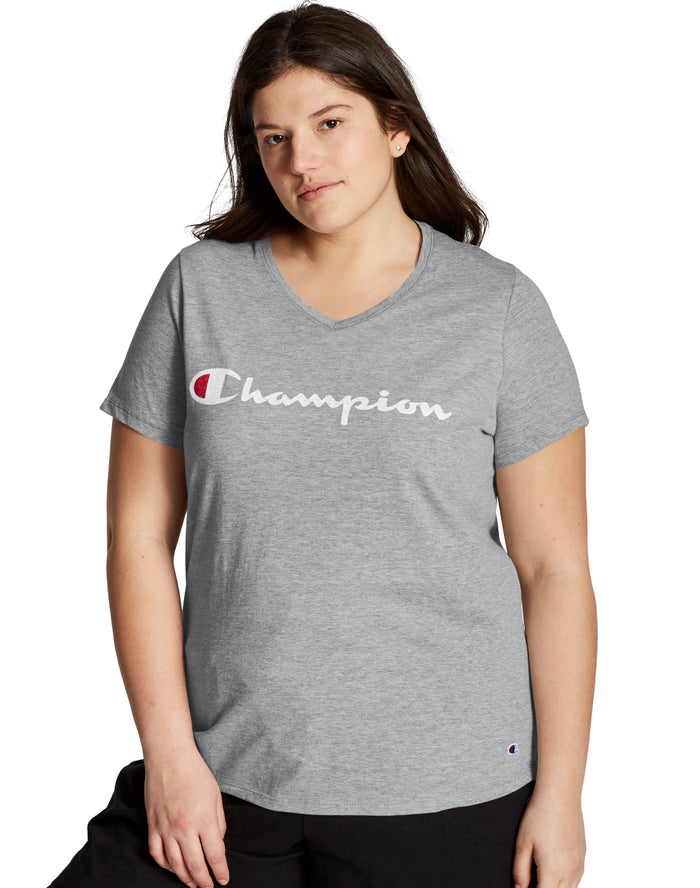 Camiseta Champion Mujer - Plus Jersey V-Neck Script Logo ( Gris ) 9042836-JH